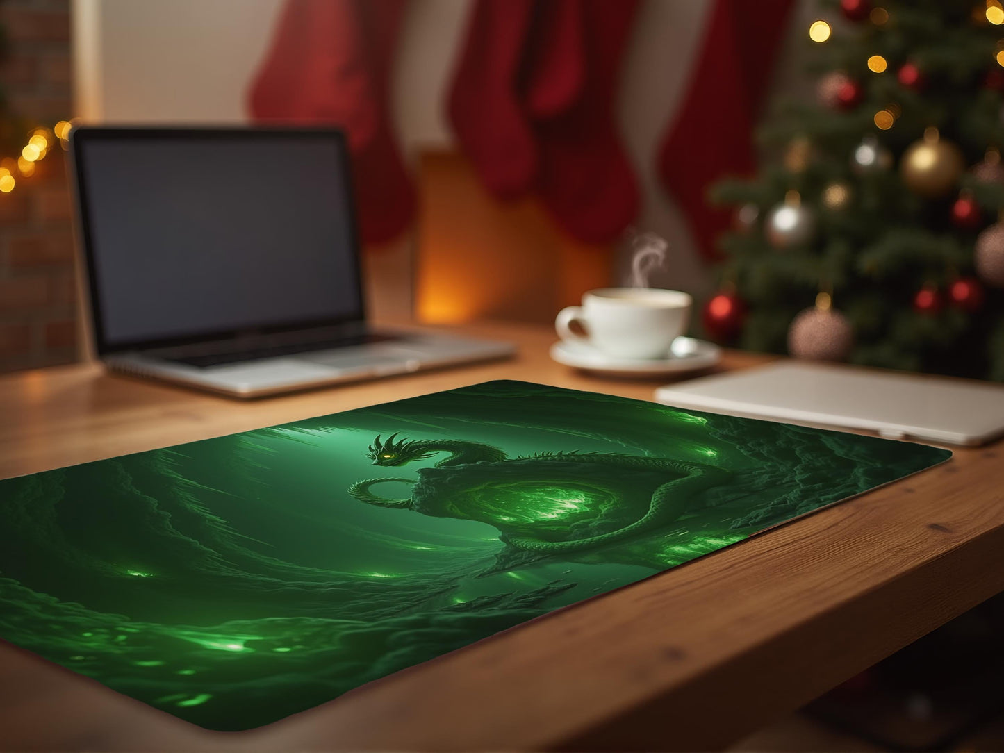 Mystical Emerald Dragon Desk Mat - Enchanting Office Decor, Fantasy Home Accessory, Gaming Desk Pad, Gift for Gamers, Unique Workspace