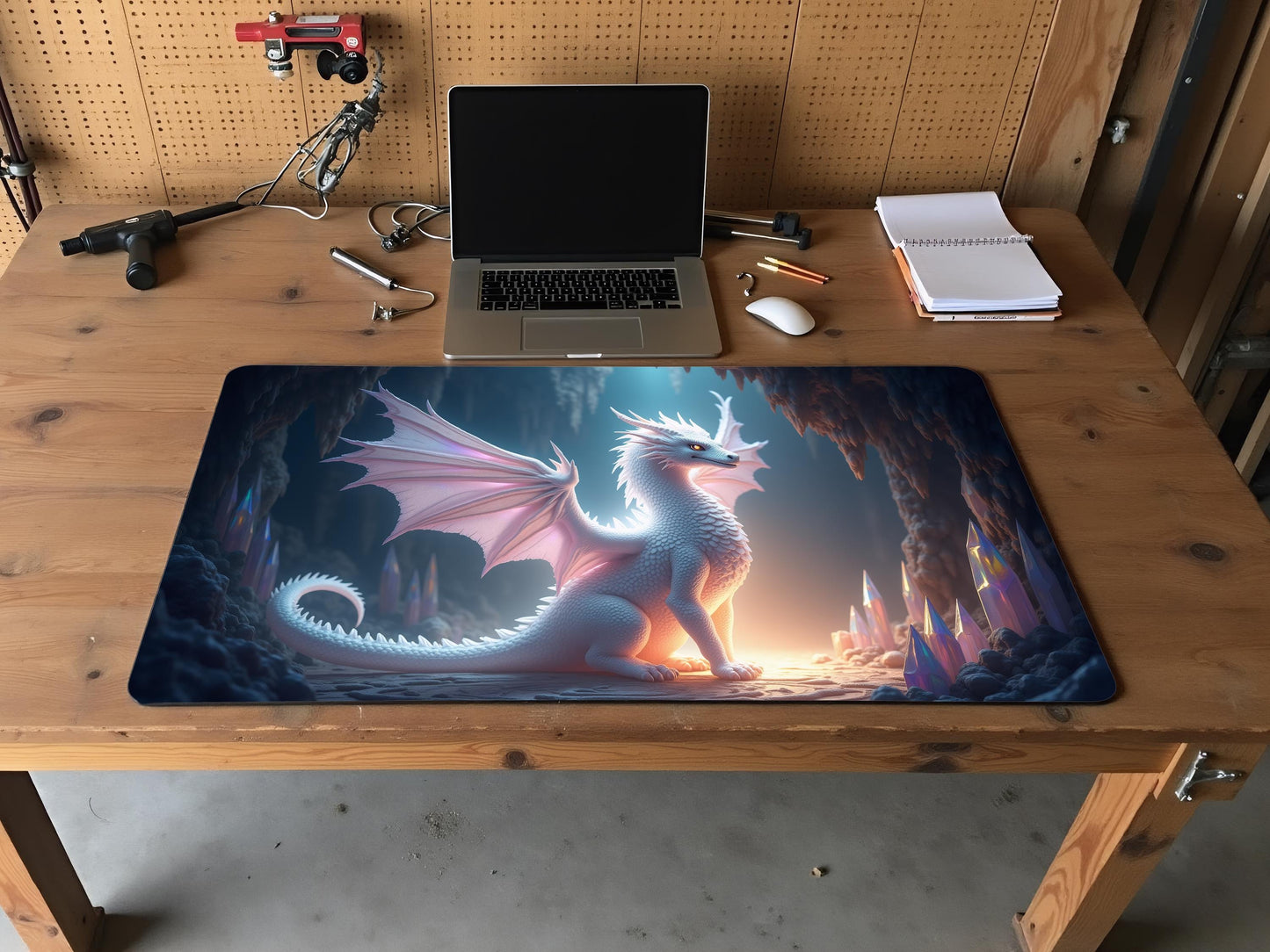 Radiant White Diamond Dragon Desk Mat - Fantasy Decor, Gamer Gift, Office Essentials, Unique Home Office, Dragon Lover Decor