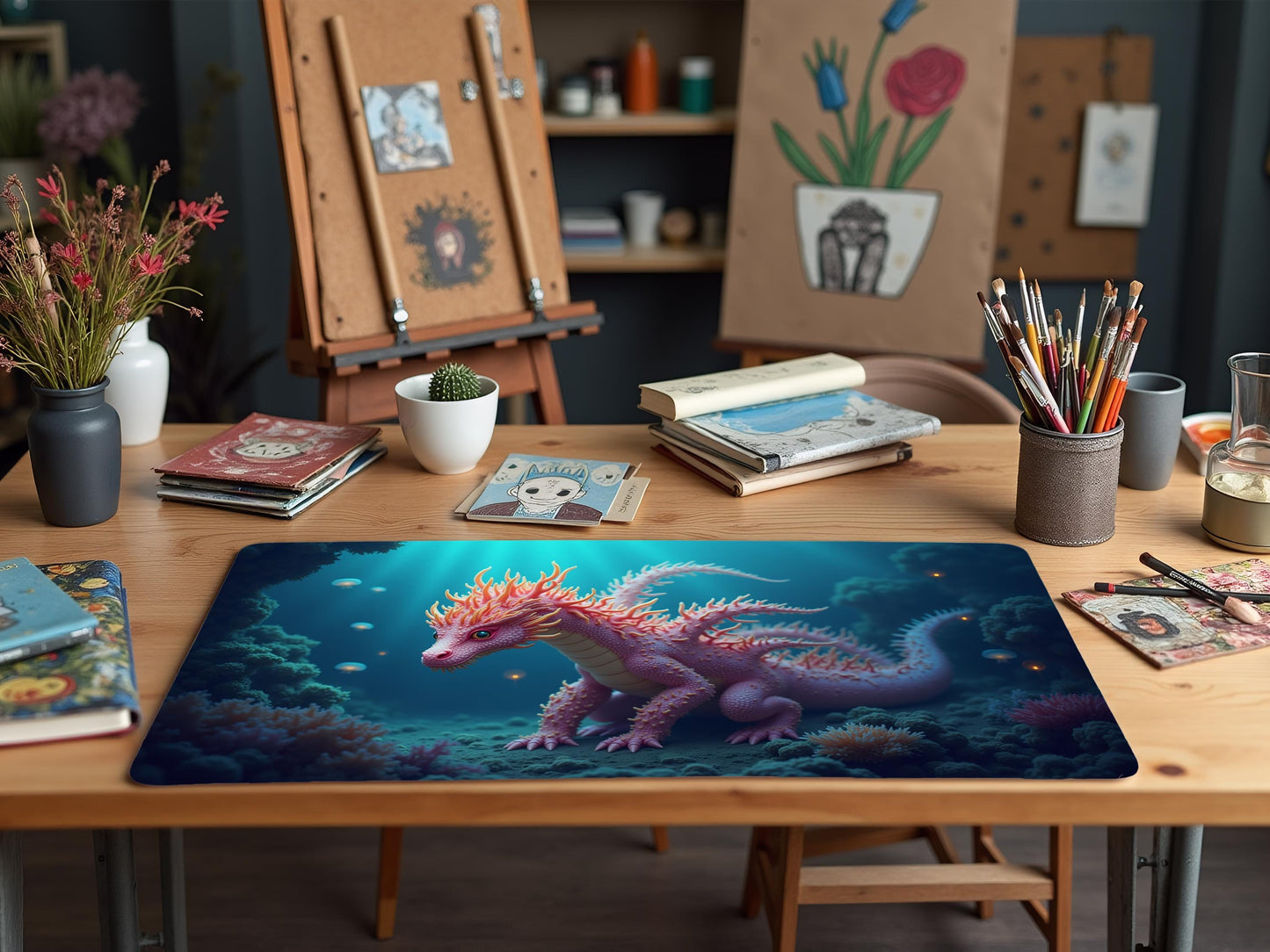 Magical Coral Dragon Desk Mat, Fantasy Mouse Pad, Unique Home Office Decor, Gamer Gift, Fantasy Art Decor