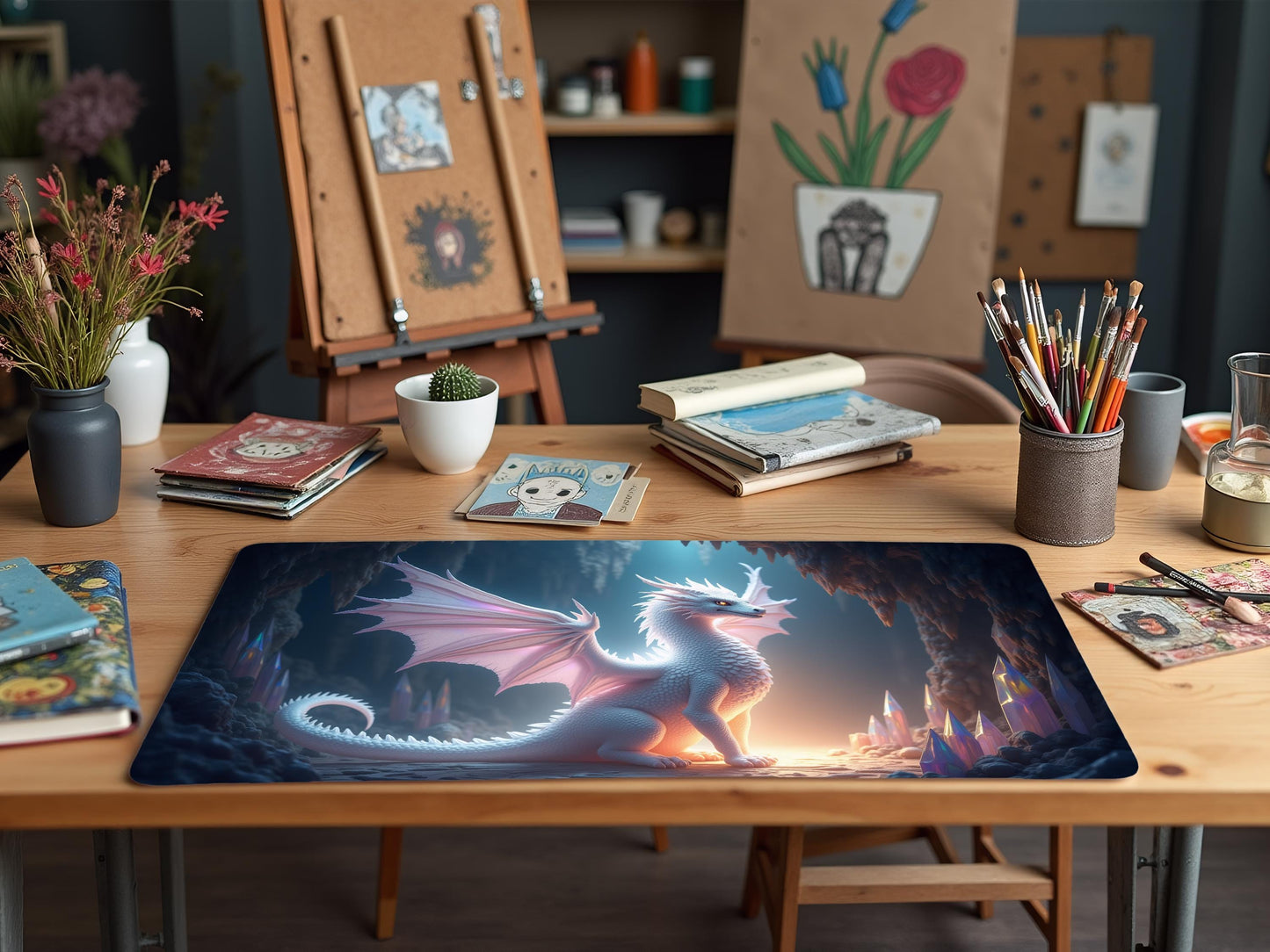 Radiant White Diamond Dragon Desk Mat - Fantasy Decor, Gamer Gift, Office Essentials, Unique Home Office, Dragon Lover Decor