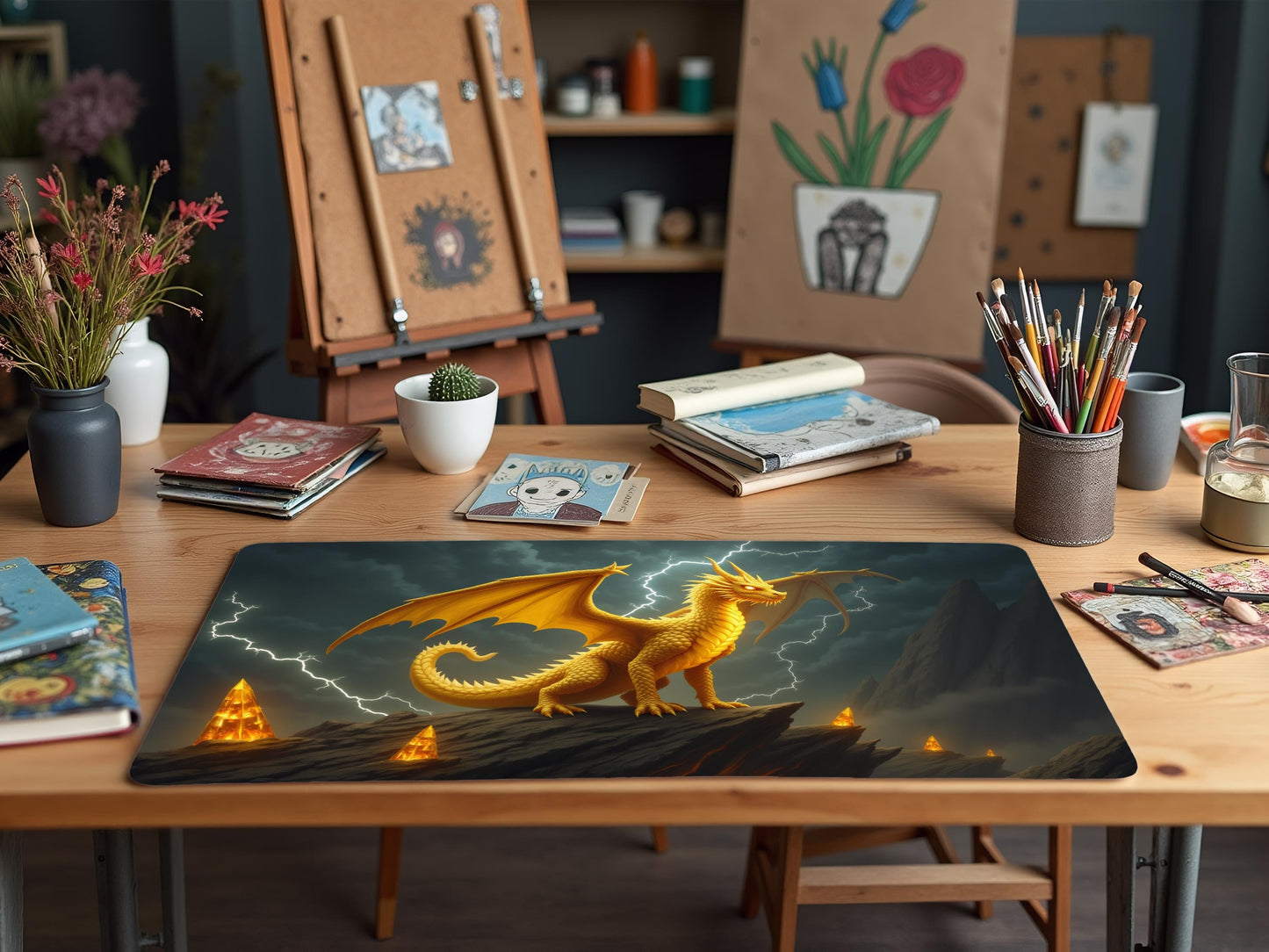 Fantasy Lighting / Topaz Dragon Desk Mat for Gamer, Office Decor, Magic Themed, Birthday Gift, Kitchen Accessory, Dungeons & Dragons